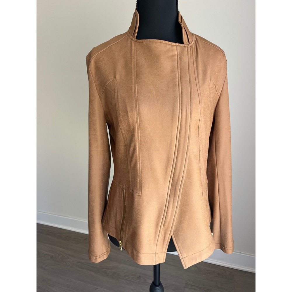 Clara Sunwoo Women's Small Faux Suede Liquid Leather Jacket Camel Tan Gold Zip